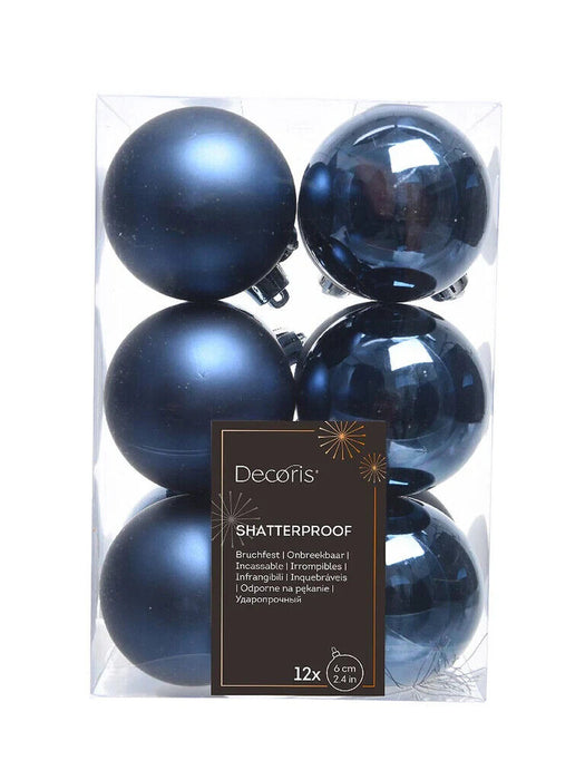 12 Midnight Blue Christmas Baubles Shatterproof Luxury Tree Decorations 6cm Blue