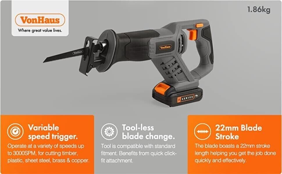 Cordless Reciprocating Saw No Battery and Charger Included -VonHaus 18V E-Series