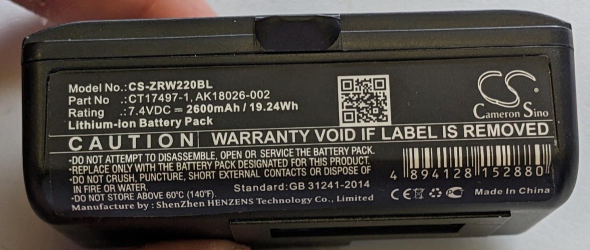 Battery for Zebra RW220 RW320 AK18026-002 CT17497-1 Printer CS-ZRW220BL 2600mAh