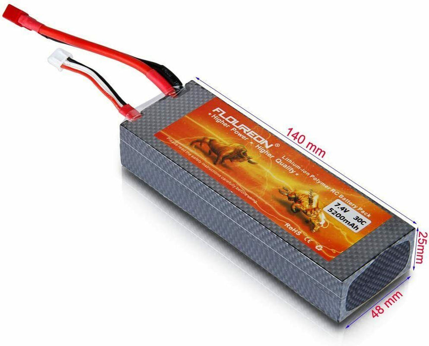 FLOUREON 7.4V 5200mAh 30C 2S Lipo Battery Pack Deans Plug With Hard Case RC