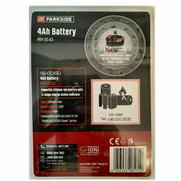 Parkside 20V 4Ah Battery PAP 20 A3 Compatible With All X 20V Team Series Tools
