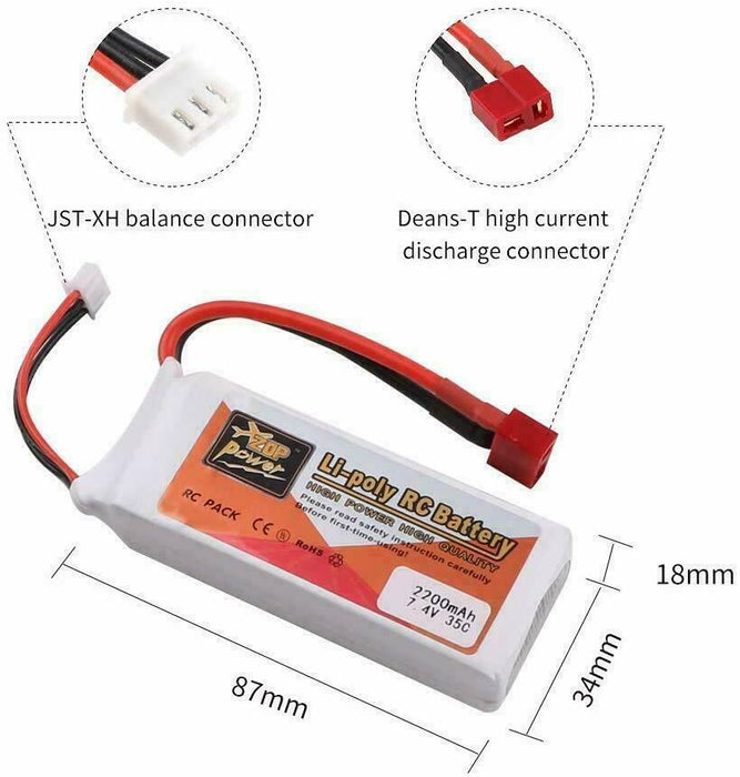 ZOP Power 2200mAh 7.4V 35C 2S LiPo Battery T Plug for RC Car Airplane Helicopter