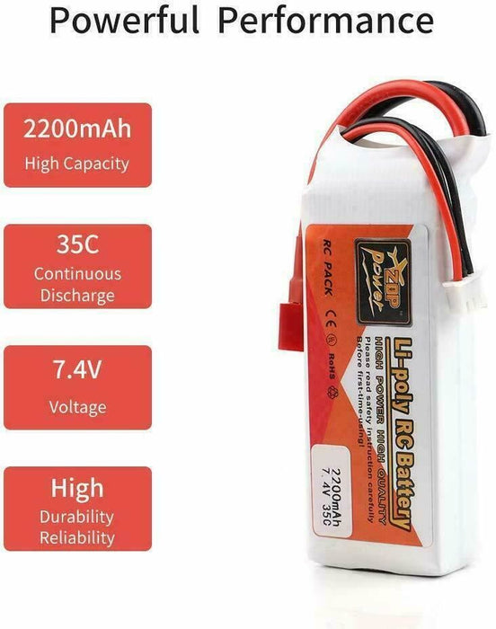 ZOP Power 2200mAh 7.4V 35C 2S LiPo Battery T Plug for RC Car Airplane Helicopter