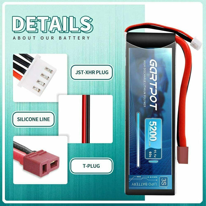 7.4V Lipo Battery 2S 50C 5200mAh HardCase Deans for RC Racing Car Truck Gartpot