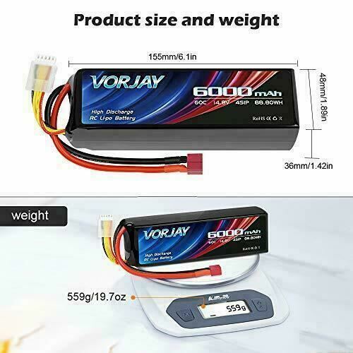 VORJAY 14.8V 60C 6000mAh 4S Lipo Battery with Deans T Plug and XT60 Connector