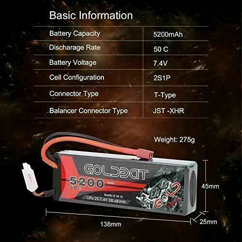 GOLDBAT 7.4v RC Battery 5200mah 50C 2S Lipo Rc Battery With T plug For Rc Cars