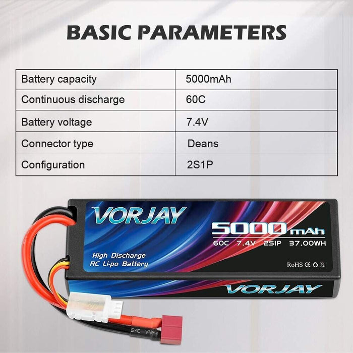 VORJAY 7.4V 60C 5000mAh 2S Lipo Battery with Deans T Plug Hard Case Lipo