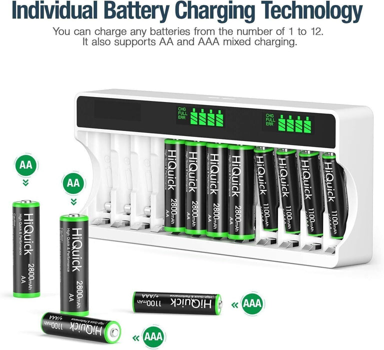 HiQuick 12 Bay LCD Battery Charger for AA AAA Rechargeable Batteries Rapid