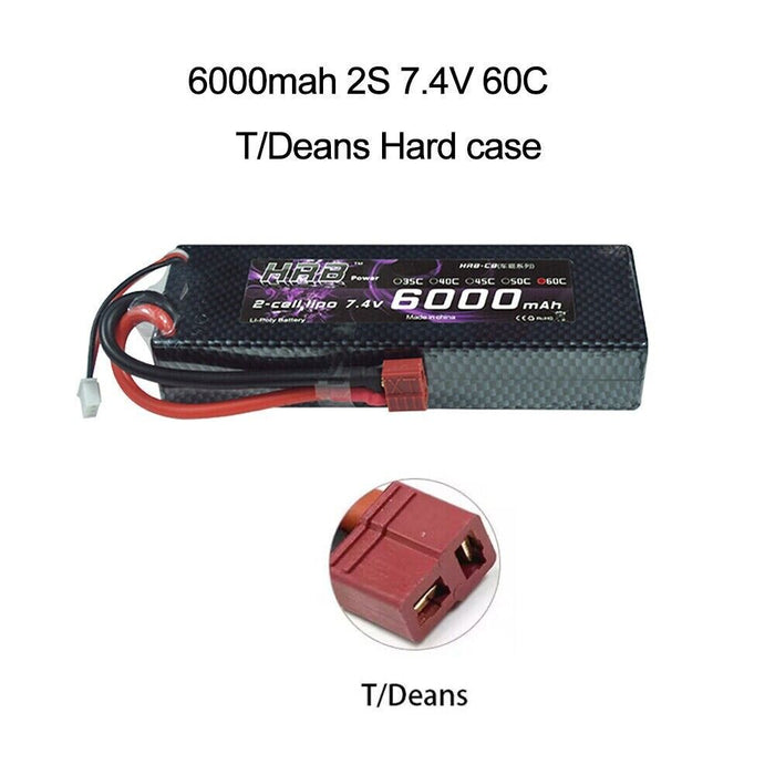HRB RC Lipo Battery 2S 7.4v 6000 mah Battery Deans Plug Hard Case New
