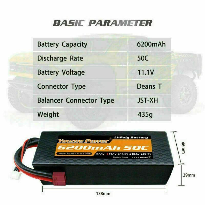 2x 3S 11.1V LiPo Battery 6200mAh 50C 1:7 FELONY 6S BLX Infraction Kraton Roller
