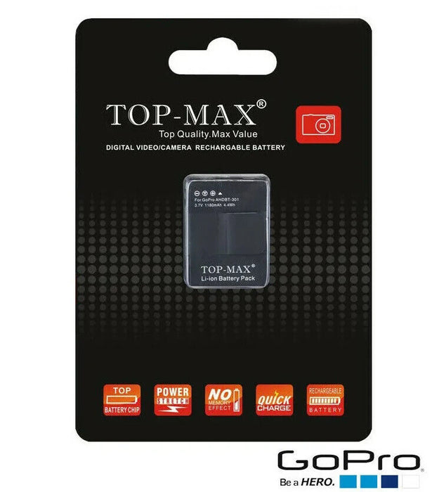 Genuine TOP-MAX AHDBT-301 AHDBT-201 HD Hero 3 Rechargeable Battery 1180mAh