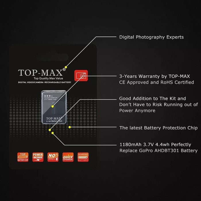 Genuine TOP-MAX AHDBT-301 AHDBT-201 HD Hero 3 Rechargeable Battery 1180mAh