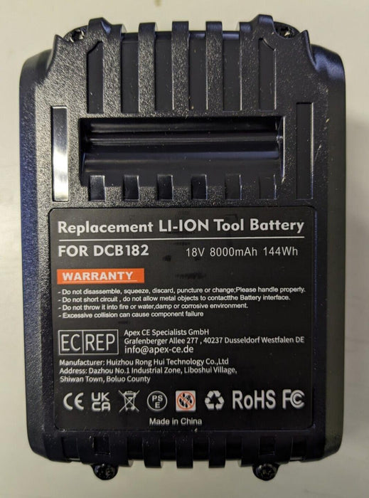 Replacement DCB182 18V 8000mAh Battery for DeWalt