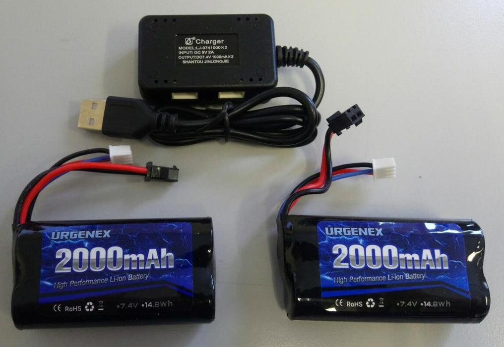 URGENEX RC Battery 2000mAh 7.4V  Lipo Battery x 2 + USB Charger
