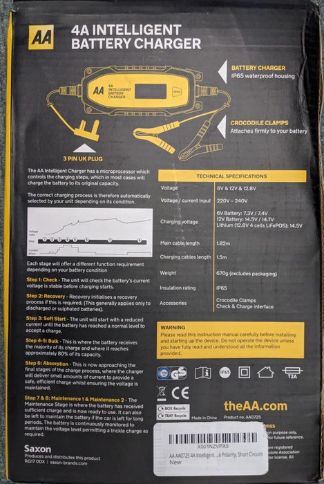 AA Smart Intelligent Battery Charger (AA0725) 12V 4A with LCD Display.