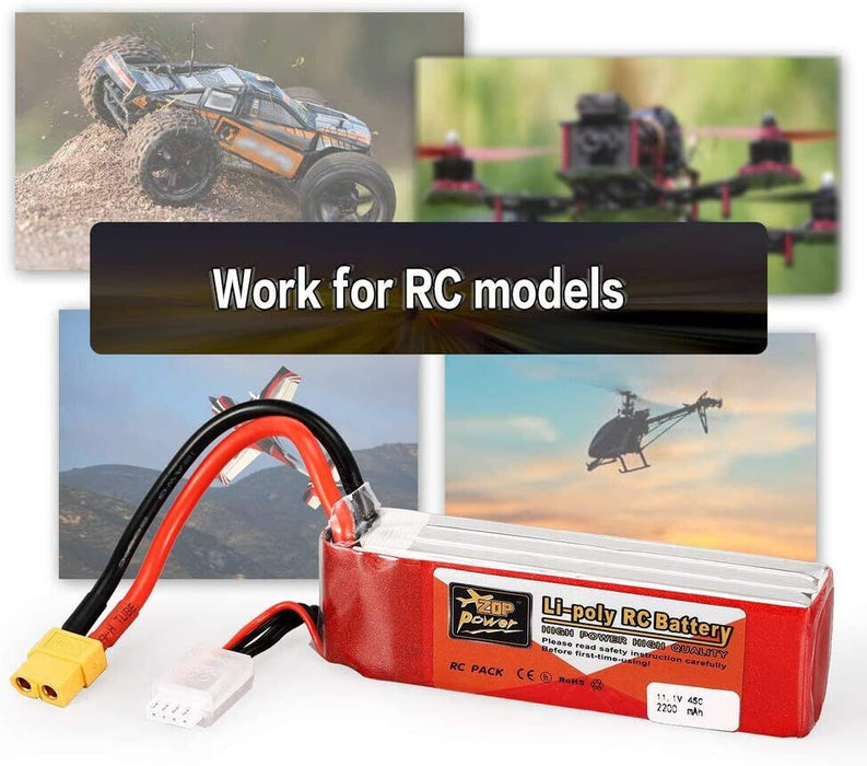 ZOP Power 11.1V 2200mAh 45C 3S 3S1P Lipo Battery XT60 Plug Rechargeable For RC