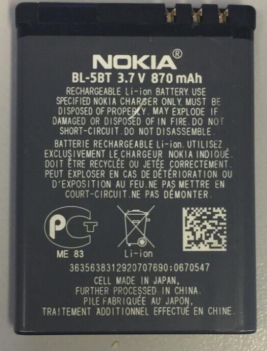 Genuine Nokia 7510S N75 N76 2600 CLASSIC 2605 2760 6120 BL-5BT Battery USED