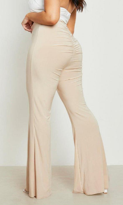 BooHoo PLUS SLINKY RUCHED BUM FLARE TROUSERS Stone 28