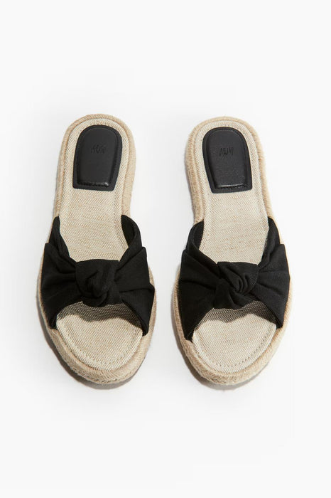 H&M Sandals Womens Knot Detail Slide Flats Slip On Espadrille Black Fabric 8