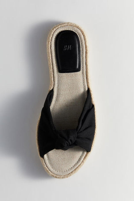 H&M Sandals Womens Knot Detail Slide Flats Slip On Espadrille Black Fabric 8
