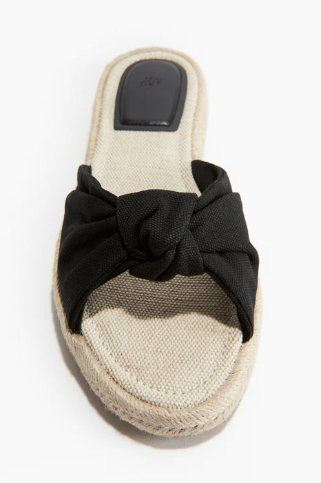 H&M Sandals Womens Knot Detail Slide Flats Slip On Espadrille Black Fabric 8