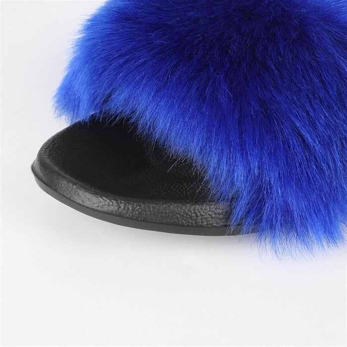 Mfacl Women Furry Slippers Ladies Shoes Plush Fox Hair Fluffy Sandals Blue UK 3