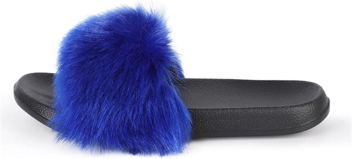 Mfacl Women Furry Slippers Ladies Shoes Plush Fox Hair Fluffy Sandals Blue UK 3
