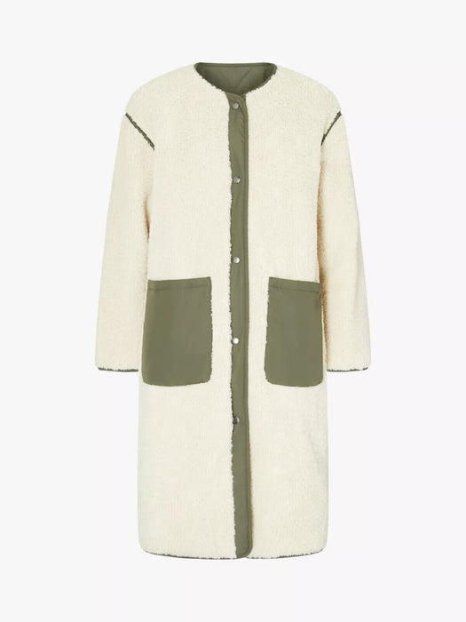 Four Seasons Reversible Collarless Borg Quilted Coat, Khaki/Cream, XS
