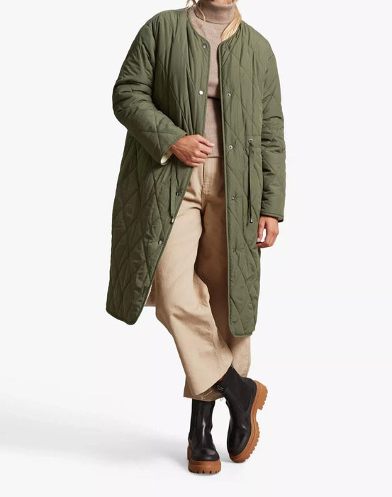 Four Seasons Reversible Collarless Borg Quilted Coat, Khaki/Cream, XS