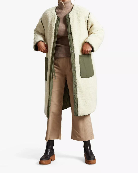 Four Seasons Reversible Collarless Borg Quilted Coat, Khaki/Cream, XS