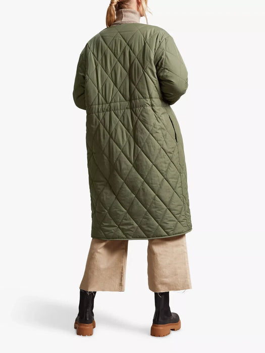Four Seasons Reversible Collarless Borg Quilted Coat, Khaki/Cream, XS