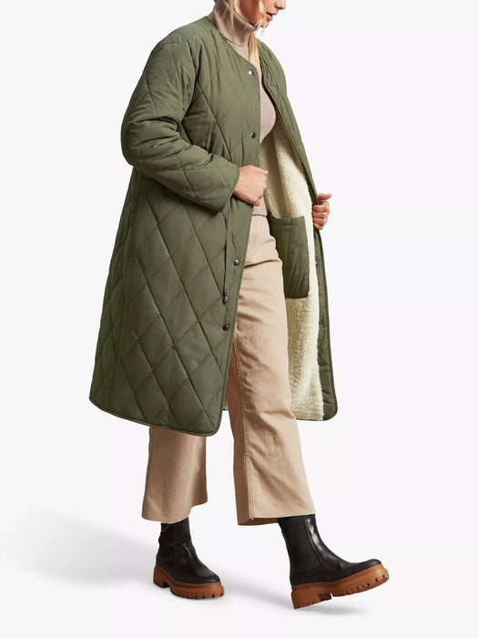 Four Seasons Reversible Collarless Borg Quilted Coat, Khaki/Cream, XS