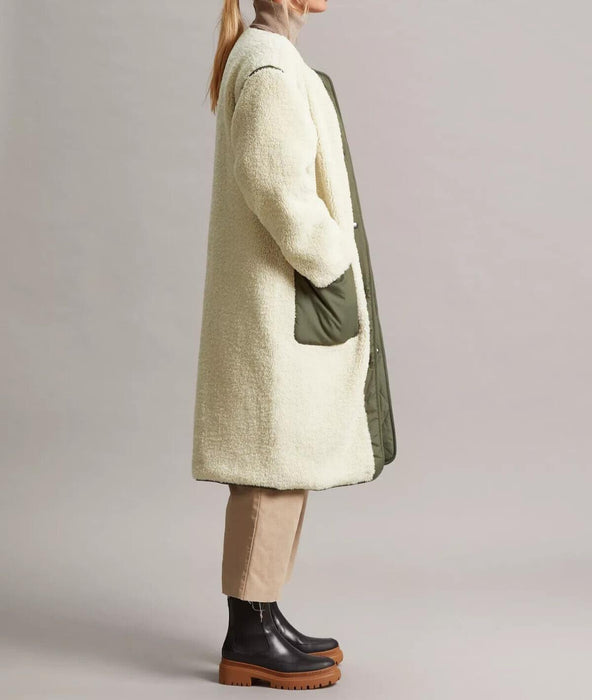 Four Seasons Reversible Collarless Borg Quilted Coat, Khaki/Cream, XS