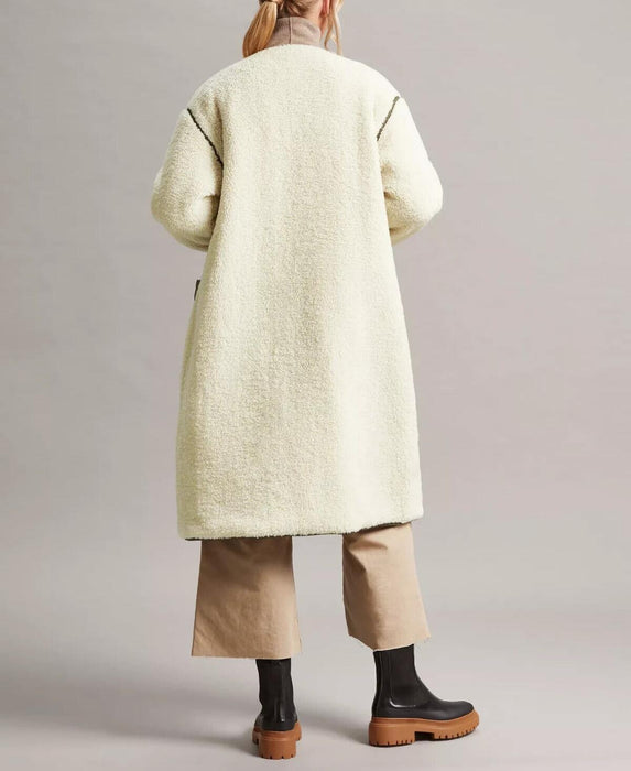 Four Seasons Reversible Collarless Borg Quilted Coat, Khaki/Cream, XS