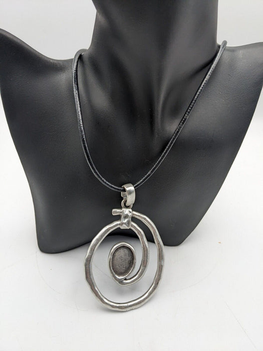 Silver Tone Large Spiral Pendant Black Corded Necklace