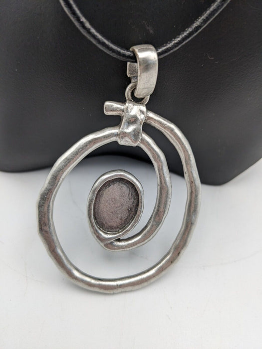 Silver Tone Large Spiral Pendant Black Corded Necklace