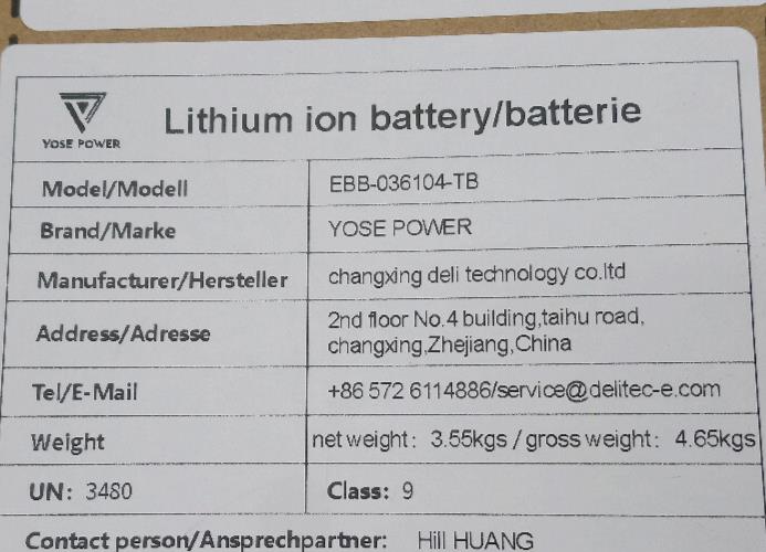 New YOSE POWER Lithium-ion Battery Electric E-bike Battery- EBB-036104-TB