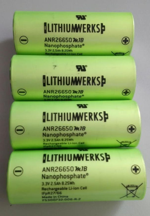 26650 LithiumWerks Li-Ion Flat Top Rechargeable Battery - 3.3V 2.5Ah - 4 pack
