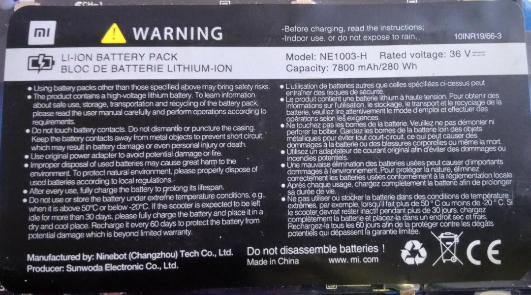 NE1003-H Xiaomi MI Scooter Battery - 36V 7800mAh
