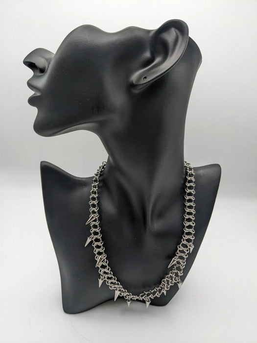 Silver Tone Interlinked Circle Chain Necklace with Pointed Stud Pendants