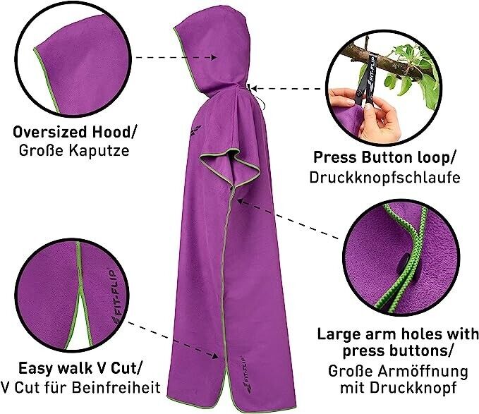 Fit-Flip Purple Medium Travel Poncho with Travel bag, Oversized Microfibre