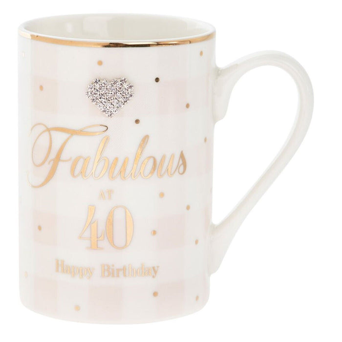 Mad Dots Boxed Checked Mug Cup with wording & diamante heart - 40th Birthday